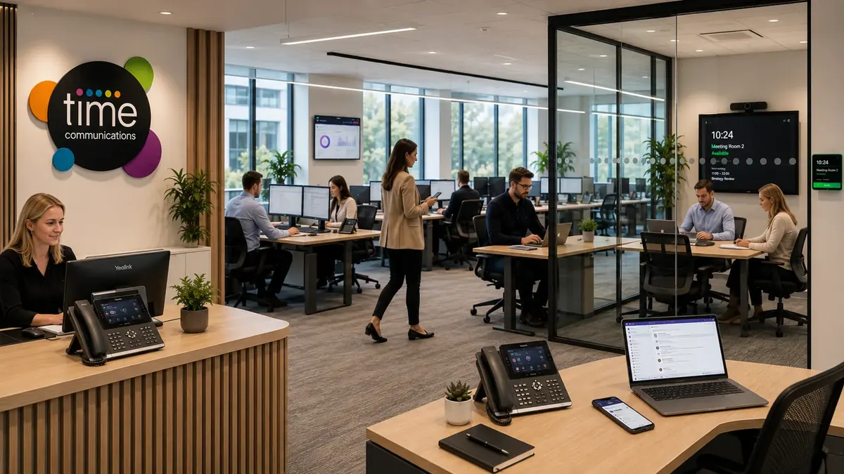 A modern open-plan office with Yealink desk phones, a glass meeting room and a digital room-booking panel showing a Teams-style meeting screen