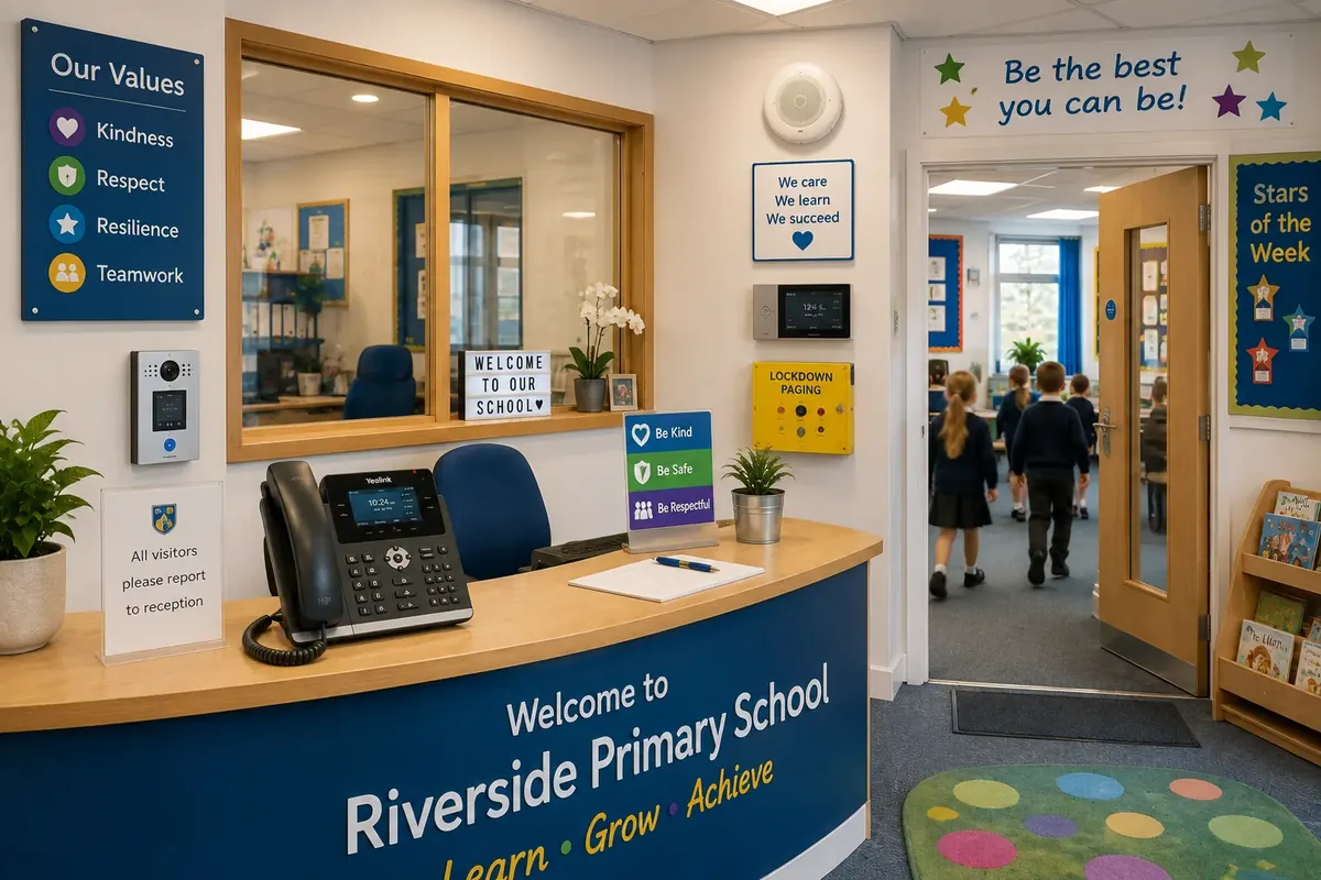 A school reception desk with a modern cloud handset, lockdown paging panel and intercom, illustrating how hosted telecom systems replace legacy school phone infrastructure