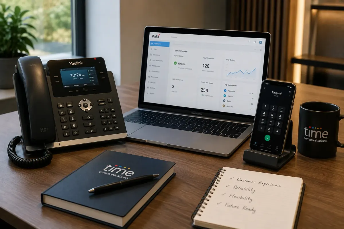 A Yealink desk phone, a laptop showing a Vodia cloud phone system dashboard with extensions and live call activity, and a smartphone running the Ringotel softphone app on a Time Communications desk