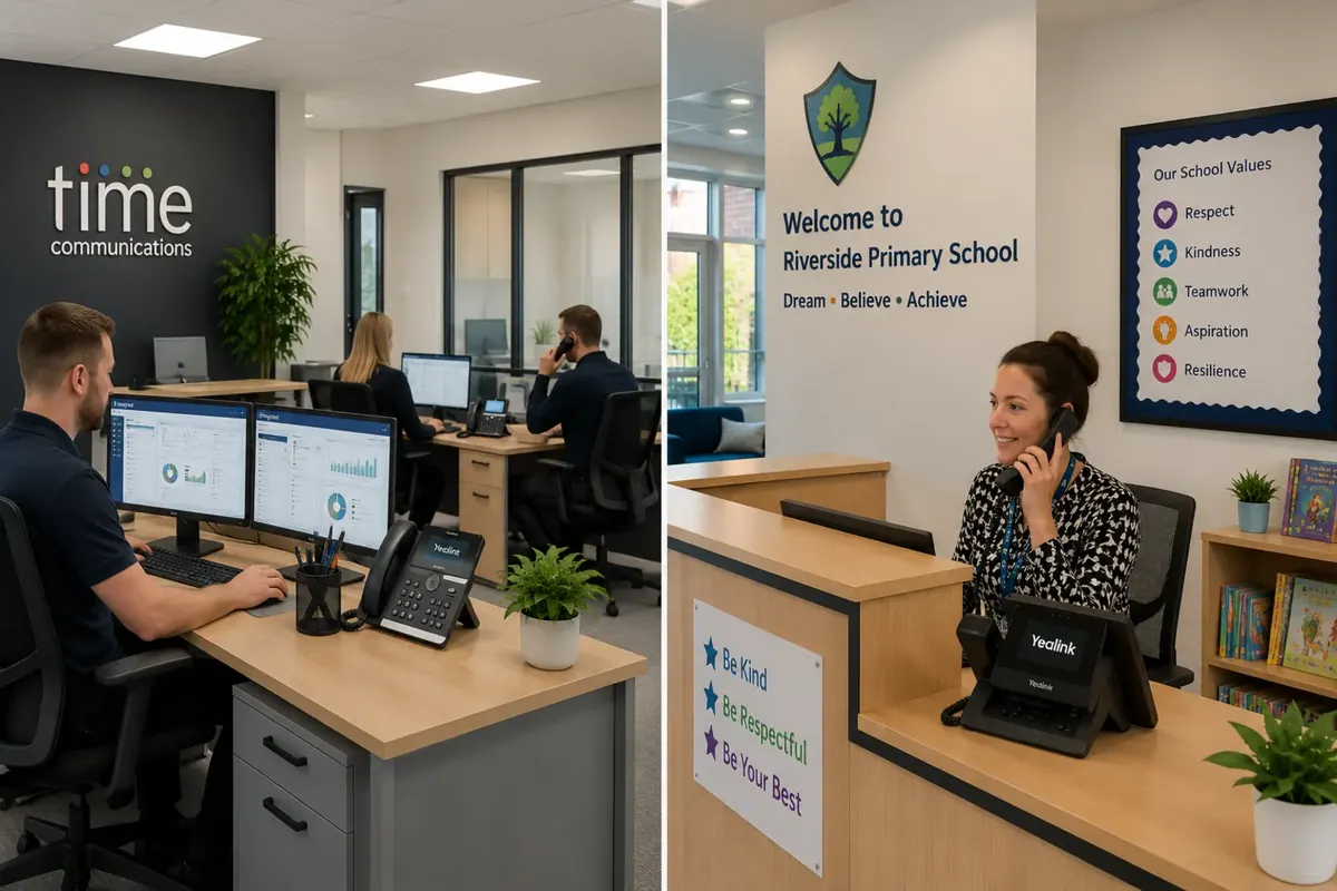 Side-by-side view of the Time Communications support office and a primary school reception desk, both using Yealink handsets.