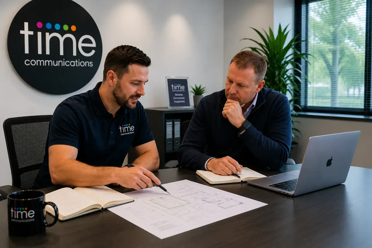 Two colleagues reviewing a telecom system plan at a meeting table in the Time Communications office, with the company logo on the wall behind them.
