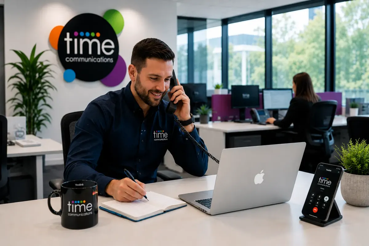 A Time Communications team member at his desk taking a call on a desk phone while making notes, with a colleague working in the background.
