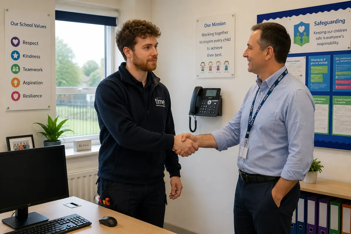 A school business manager greeting a telecom engineer in a school office beside a newly installed wall-mounted handset