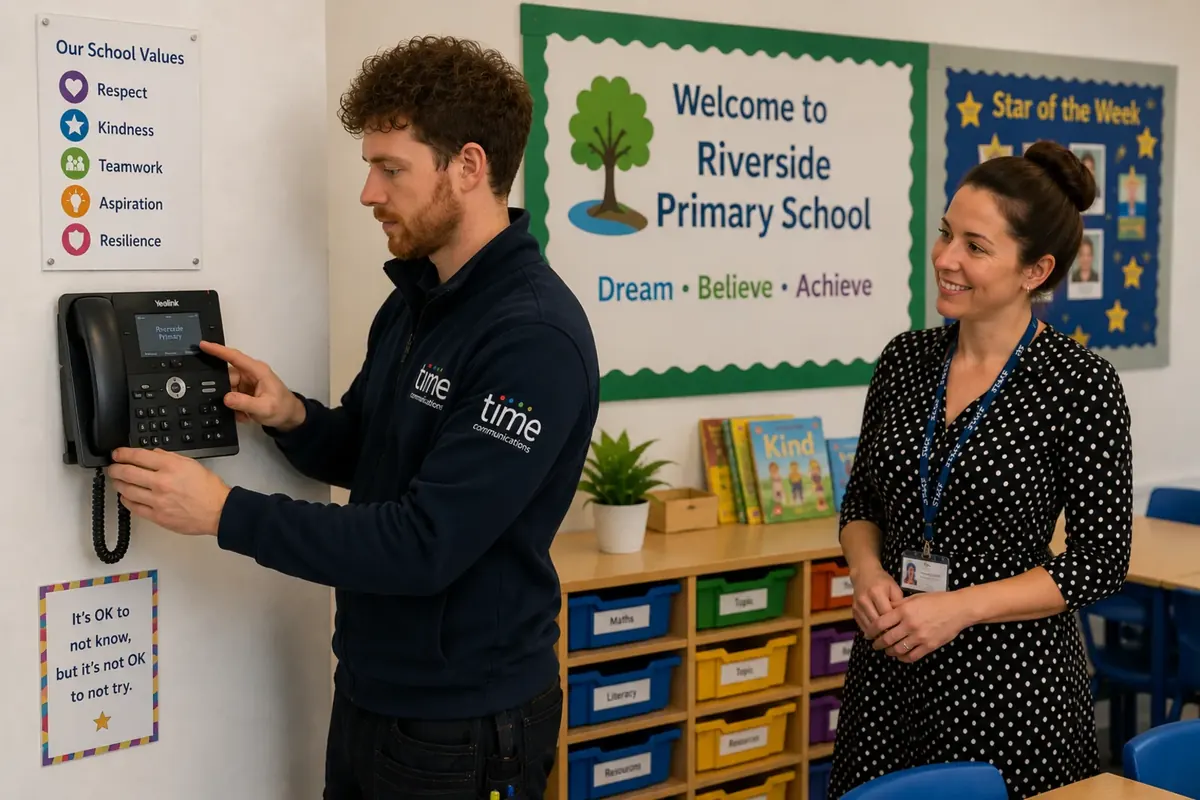 A Time Communications engineer fitting a wall-mounted Yealink handset in a primary school classroom while a member of school staff looks on.