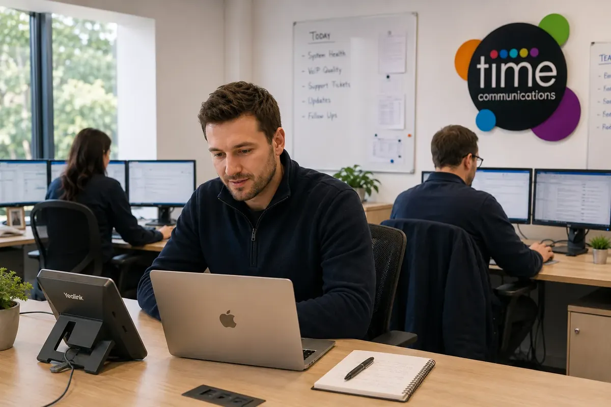 Time Communications support engineers working at multi-monitor desks beside a whiteboard listing system health, VoIP quality, support tickets, updates and follow ups